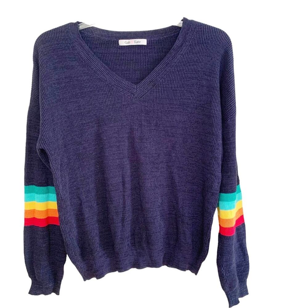 Gab & Kate Navy Varsity V Neck Rainbow Stripe Sleeve Sweater AV Nation Vibes
